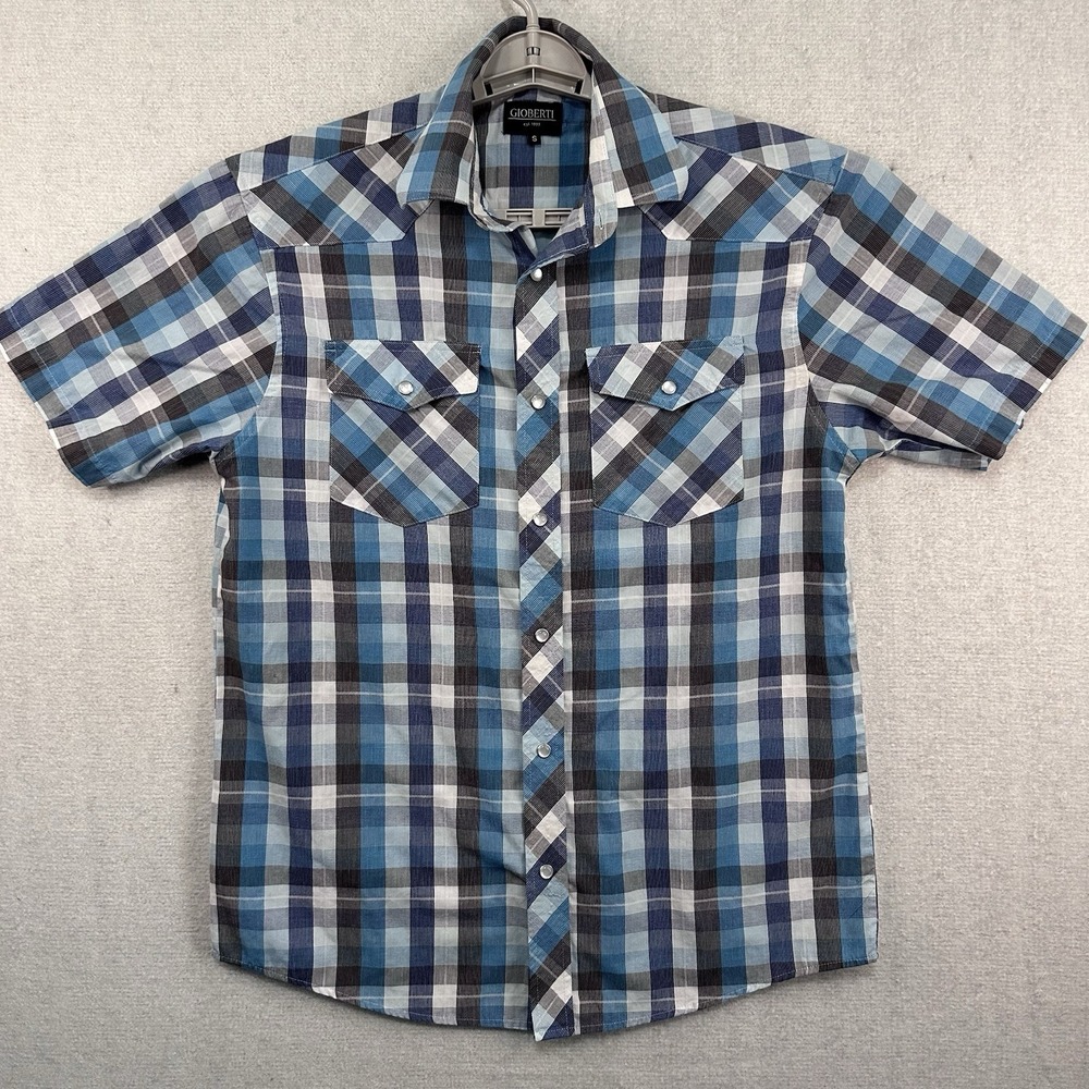 Gioberti Men's Small Pearl Snap Blue Plaid Short Sleeve Shirt Western‎ Style